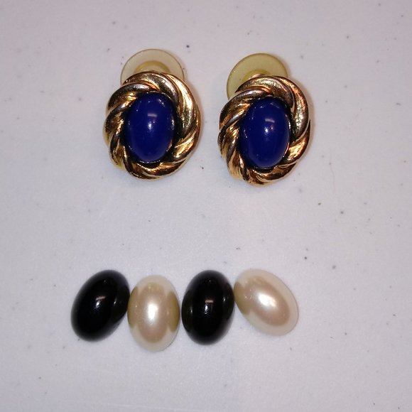 K.J.L. FOR AVON 3 IN 1 EARRINGS BLUE, PEARL, BLACK - Picture 1 of 2